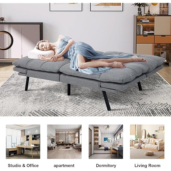 Sofá cama futón de espuma viscoelástica ajustable, sofá con respaldo convertible y reposabrazos, futón plegable, moderno futón cama para sala de estar, apartamento, oficina, habitación pequeña, sofá cama de 71 pulgadas, color negro