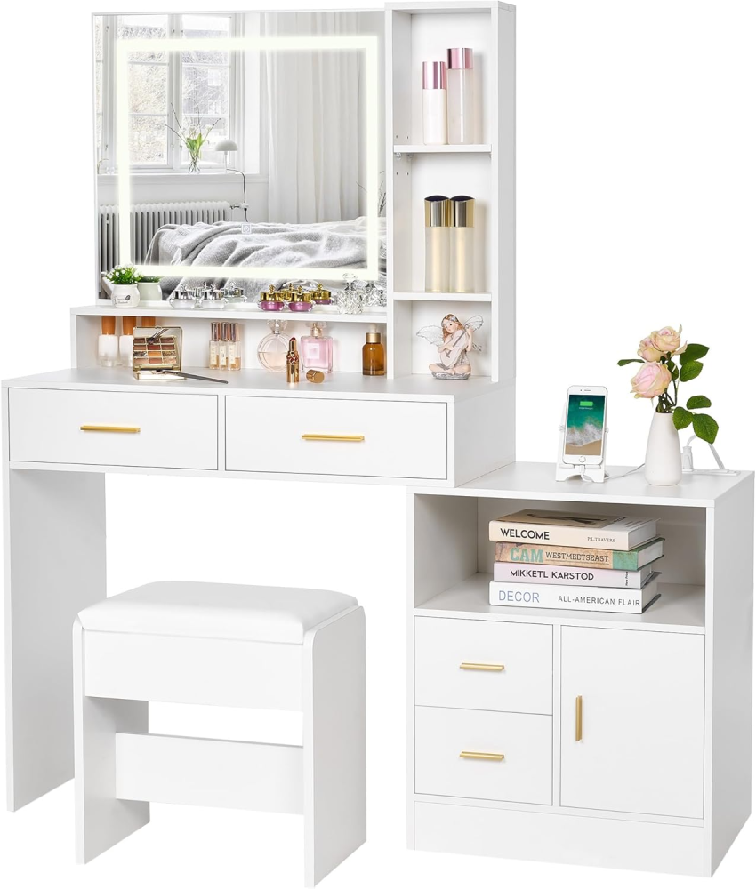 Escritorio blanco con espejo y luces, tocador de maquillaje, juego de tocador de