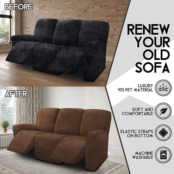 Fundas de sofá reclinables de terciopelo de 8 piezas, fundas elásticas para sofá reclinable de 3 cojines, fundas para sofá reclinable, muebles