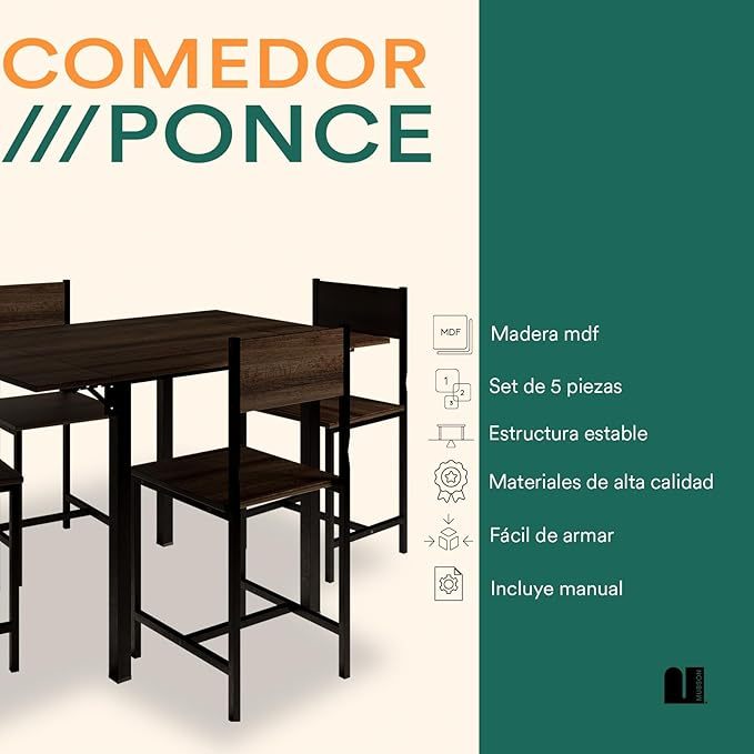 Comedor 2 en 1 con 4 Sillas. Comedor Colapsable Ponce con Superficie de 120x78 cm. Mesa Plegable para 2 o 4 Personas. Mesa para Cocina, Hogar o Terraza. Antecomedor. Dining Table (Café)