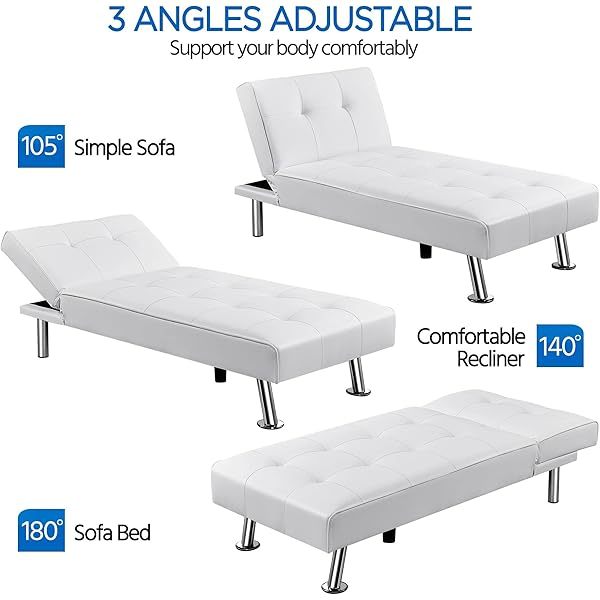 Sofá cama convertible de piel sintética, sofá futón, sofá reclinable moderno, sofá cama con patas de metal cromado