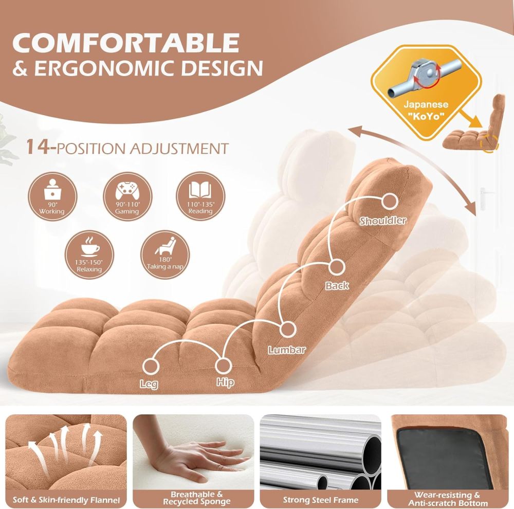 Folding Floor Gaming Chair Cushioned Adjustable Lazy Sofa Chair/Flannel for Adults&Kids Perfect for ReadingGamingCamel