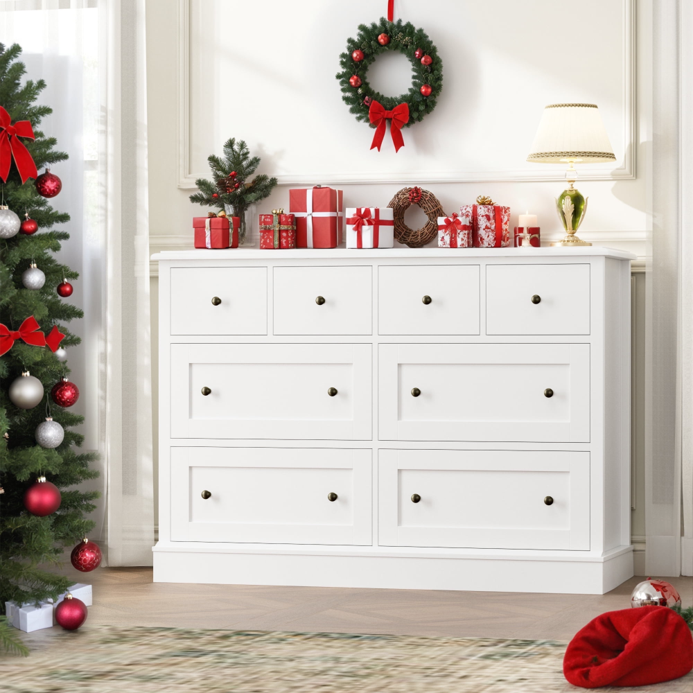 Cómoda horizontal combinada de 8 cajones para dormitorio, cómoda blanca moderna, mueble de almacenamiento de madera para sala de estar