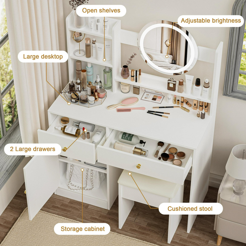 Juego de mesa de comedor para 4, mesa de comedor de 43,3" con 4 sillas tapizadas de cuero sintético, juego de tocador para maquillaje