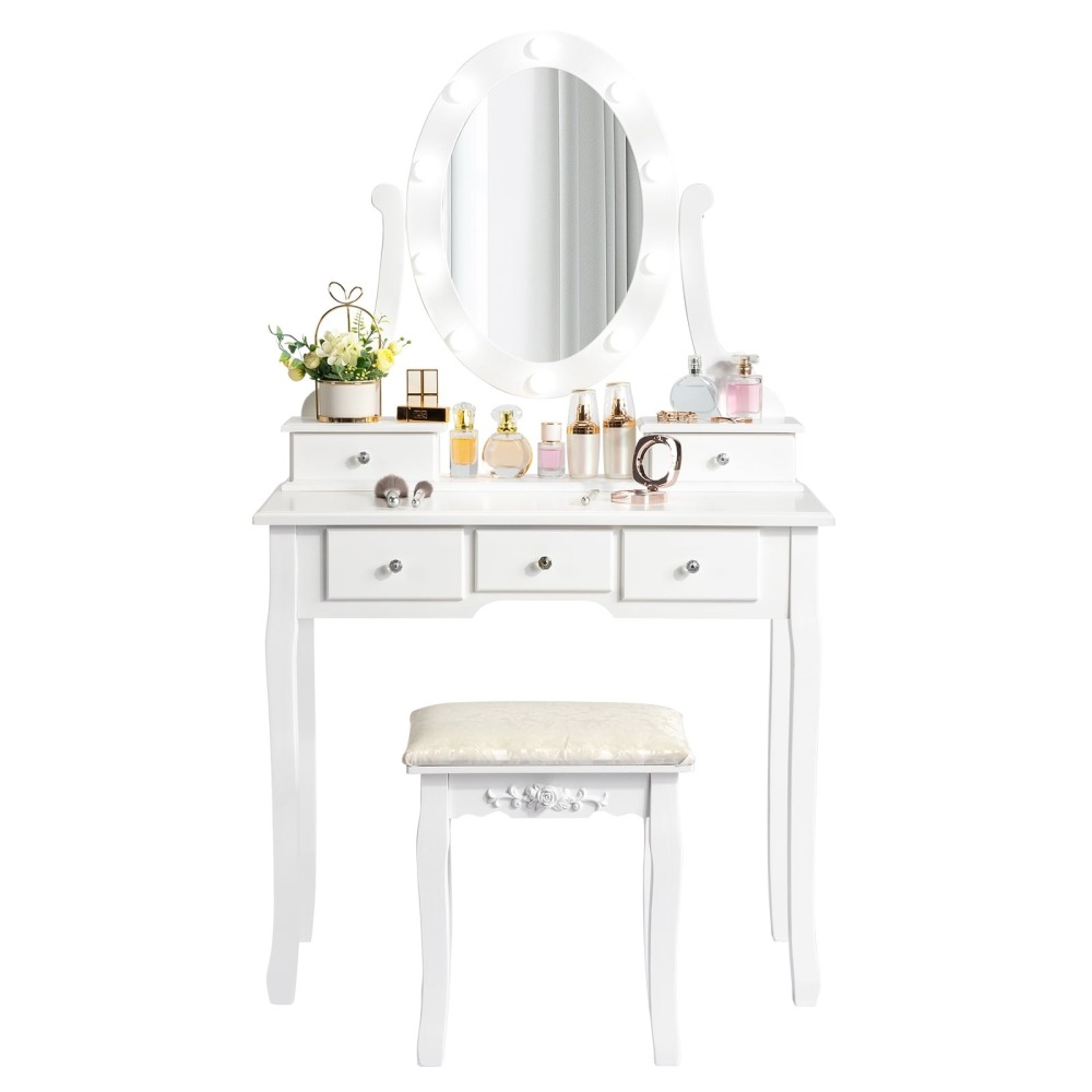 Tocador de Maquillaje con 10 Luces LED - Mesa de Vanity con 5 Cajones + Banco Acolchado - Juego Blanco para Dormitorio
