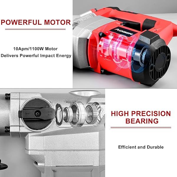 Taladro percutor rotativo con control de vibración y embrague de seguridad, martillo demoledor para hormigón, incluye 3 brocas, cinceles planos y puntiagudos, 13 amperios