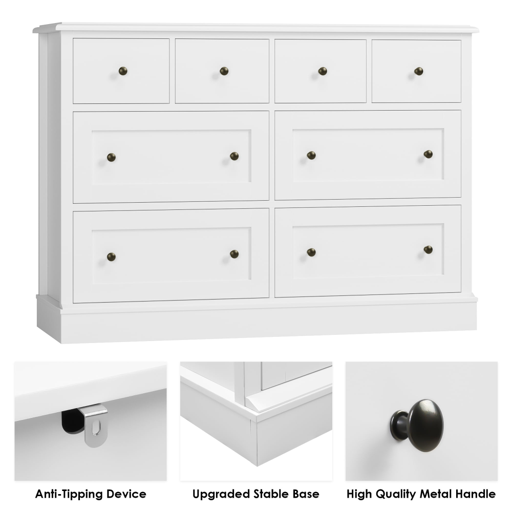 Cómoda horizontal combinada de 8 cajones para dormitorio, cómoda blanca moderna, mueble de almacenamiento de madera para sala de estar