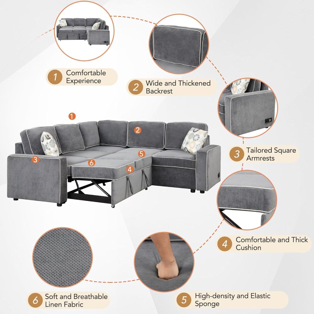 Sofá seccional convertible, sofá cama extraíble con 3 almohadas y 2 puertos USB