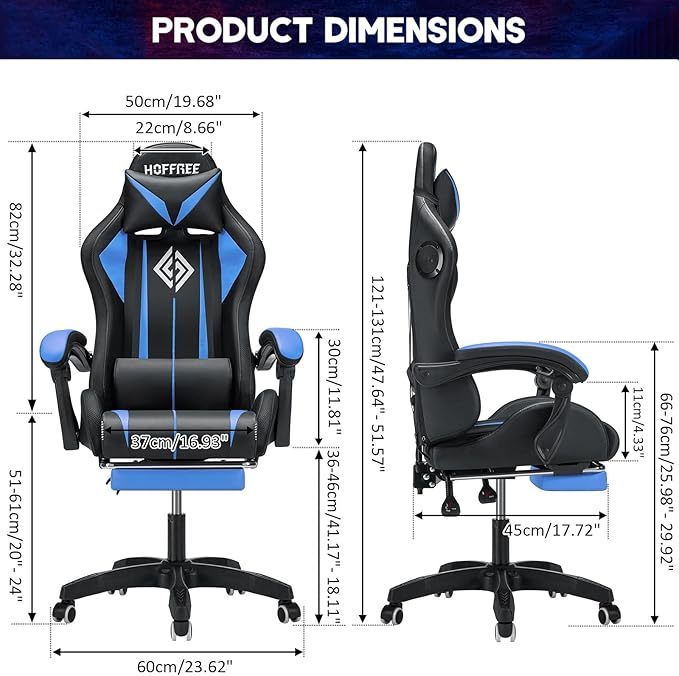 Silla para Juegos con Altavoces Bluetooth y Luces LED RGB, Silla ergonómica de Videojuegos de Masaje con reposapiés de Respaldo Alto con Soporte Lumbar Azul y Negro