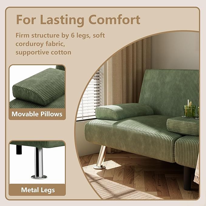 Futón sofá cama, sofá plegable de pana ajustable, sofá cama para apartamentos pequeños, juego de muebles tapizados para sala de estar con 2 soportes para tazas (verde)