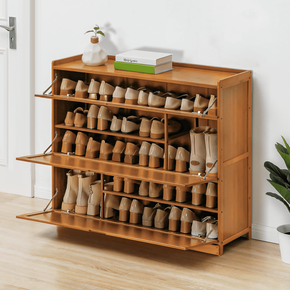 Organizador de zapatos de bambú de 9 niveles, armario moderno con puerta, 41 pares de tacones y botas, marrón