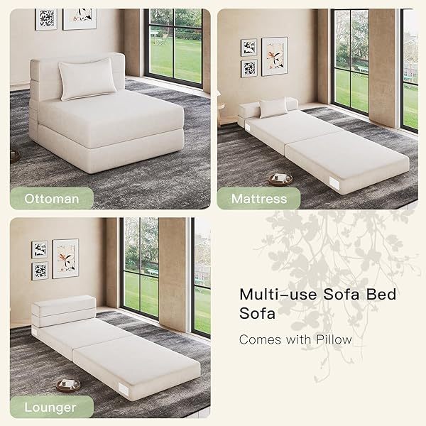 Sofá cama plegable individual con almohada, sofá cama plegable portátil para viajes, campamentos, invitados, tumbona plegable con funda transpirable y lavable, convertible y fácil de guardar, color blanco roto