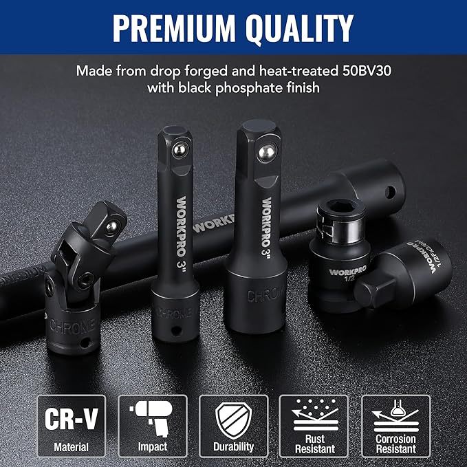 Juego de accesorios de herramientas de accionamiento de 18 piezas, incluye adaptadores de enchufe, barra de extensión de enchufe, juntas universales giratorias y acoplador de impacto, unidad de 1/4", 3/8" y 1/2"