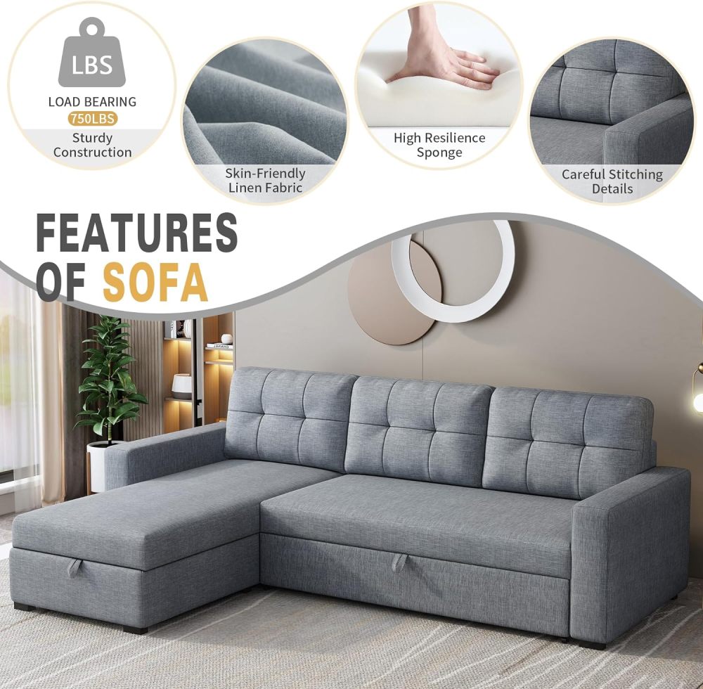 Sofá cama, sofá extraíble en forma de L con chaise longue con espacio de almacenamiento