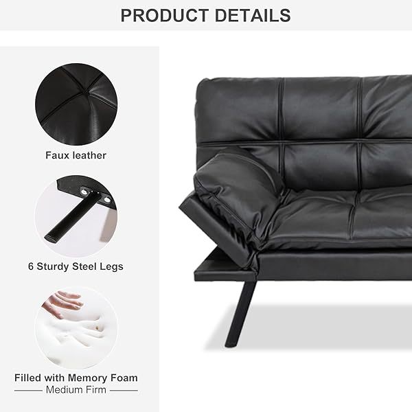Sofá cama futón de espuma viscoelástica ajustable, sofá con respaldo convertible y reposabrazos, futón plegable, moderno futón cama para sala de estar, apartamento, oficina, habitación pequeña, sofá cama de 71 pulgadas, color negro