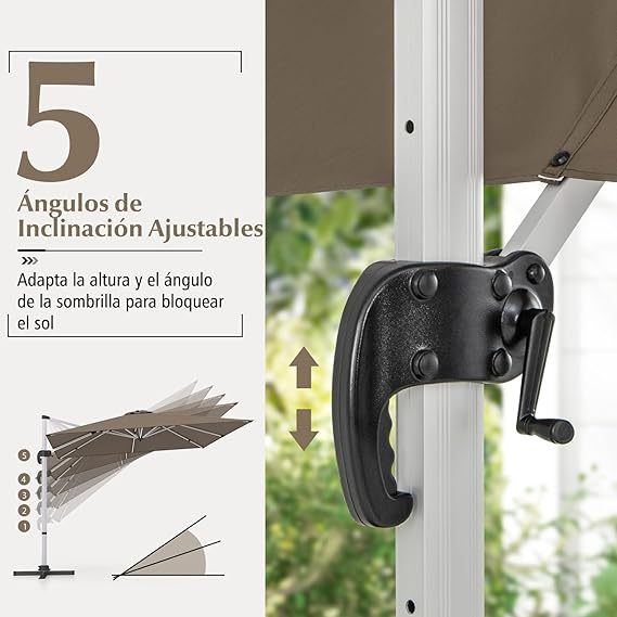 COSTWAY Sombrilla Terraza Exterior rectangular con Base 3x3m, Parasol Jardin Excentrico, Rotación de 360°, Inclinación Ajustable, Guarda Sol Jardin Exterior, Manivela y Base en Cruz