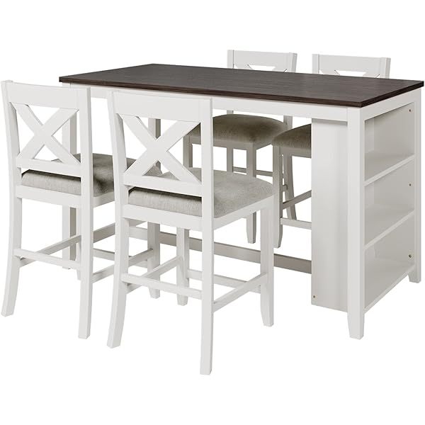 Juego de mesa de comedor de altura de mostrador con 4 sillas, mesa de cocina de madera maciza con gabinete de almacenamiento y cajón, tablero de mesa de mármol sintético, color negro