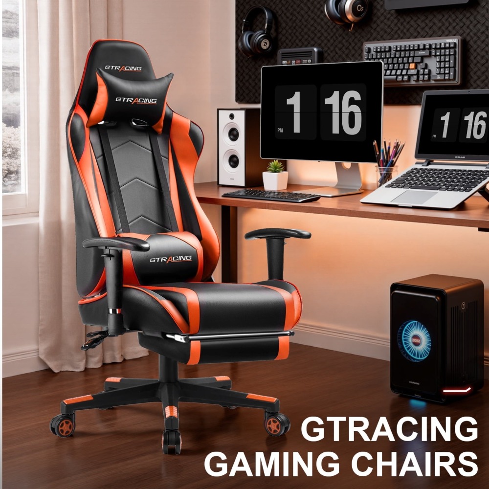 Silla gaming, silla ergonómica de escritorio con soporte lumbar, cuero sintético, reposapiés y reposacabezas ajustable.