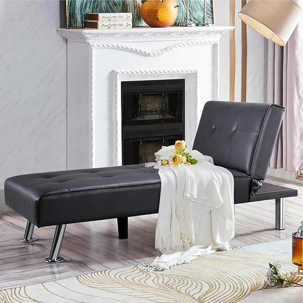 Sofá cama convertible de piel sintética, sofá futón, sofá reclinable moderno, sofá cama con patas de metal cromado