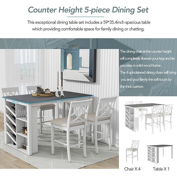 Juego de mesa de comedor de altura de mostrador con 4 sillas, mesa de cocina de madera maciza con gabinete de almacenamiento y cajón, tablero de mesa de mármol sintético, color negro