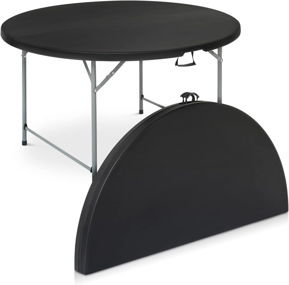 Mesa plegable redonda de 4.5 pies, mesa de comedor de plástico para interiores y exteriores con asa y cerradura para picnic, fiesta, banquete, boda, color blanco