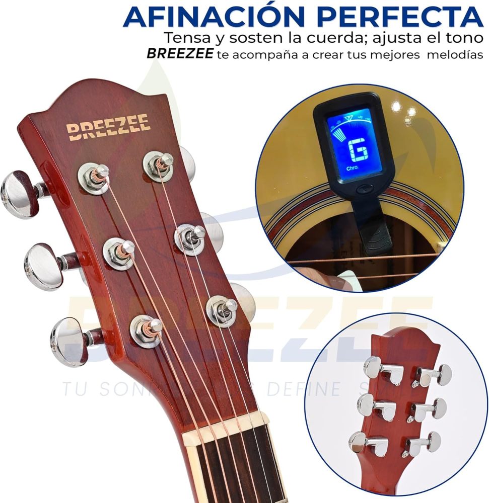 Guitarra Electroacústica de 40” Diseñada sobre Abeto, Merbau, Okume y Palisandro. Acabado de Barniz en Pulverización, Incluye Set de Accesorios Completo para Principiante
