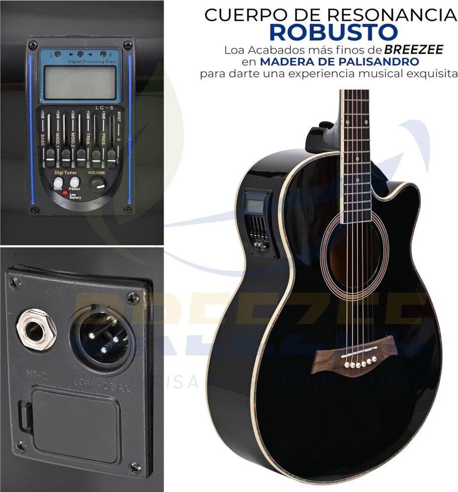 Guitarra Electroacústica de 40” Diseñada sobre Abeto, Merbau, Okume y Palisandro. Acabado de Barniz en Pulverización, Incluye Set de Accesorios Completo para Principiante