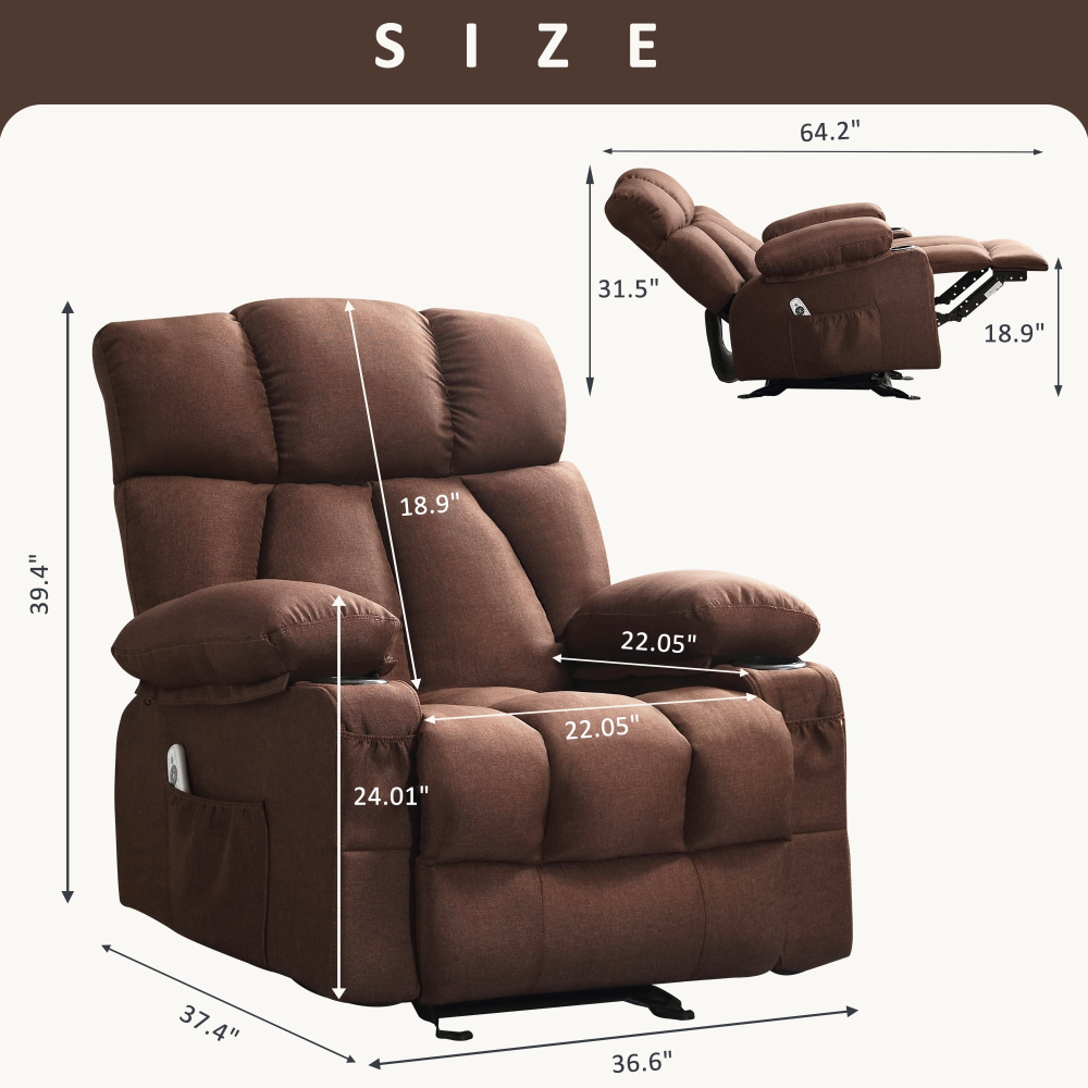 Sillón reclinable manual con terapia de calor y función de masaje, sillón de masaje con mecanismo reclinable de alta resistencia