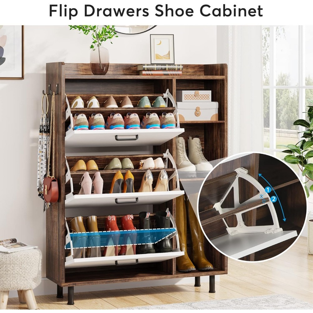 Tribesigns Shoe Cabinet, Flip Drawers Shoe Storage Cabinet for Entryway with 3 Flip Drawers and 5 Shelves, Freestanding Shoes