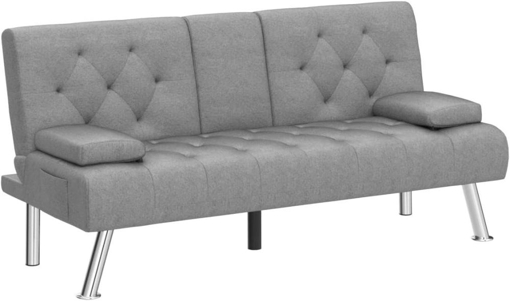 Sofá cama futón, sofá futón plegable convertible tapizado moderno, 2 portavasos, patas de metal