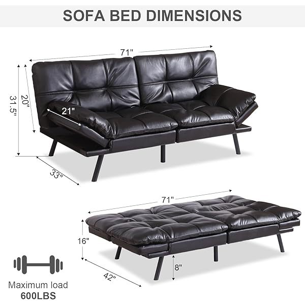 Sofá cama futón de espuma viscoelástica ajustable, sofá con respaldo convertible y reposabrazos, futón plegable, moderno futón cama para sala de estar, apartamento, oficina, habitación pequeña, sofá cama de 71 pulgadas, color negro