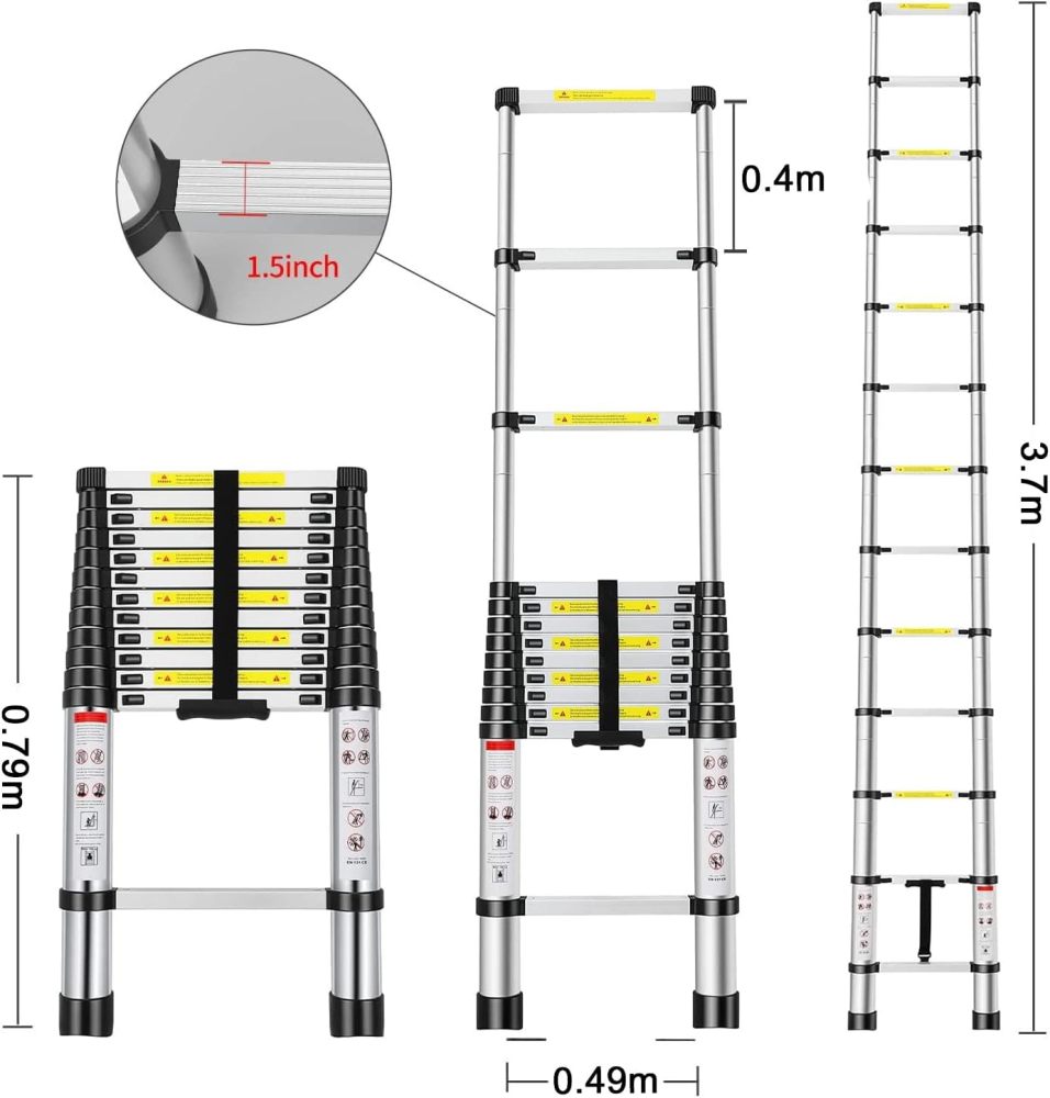 Escalera Telescópica de 3.8 Metros, Escalera de Telescópica de Aluminio Soporta 150 kg, Plegable De retracción Multiusos Extensible Compacta y Portátil De Escalón-Guantes antideslizantes anti