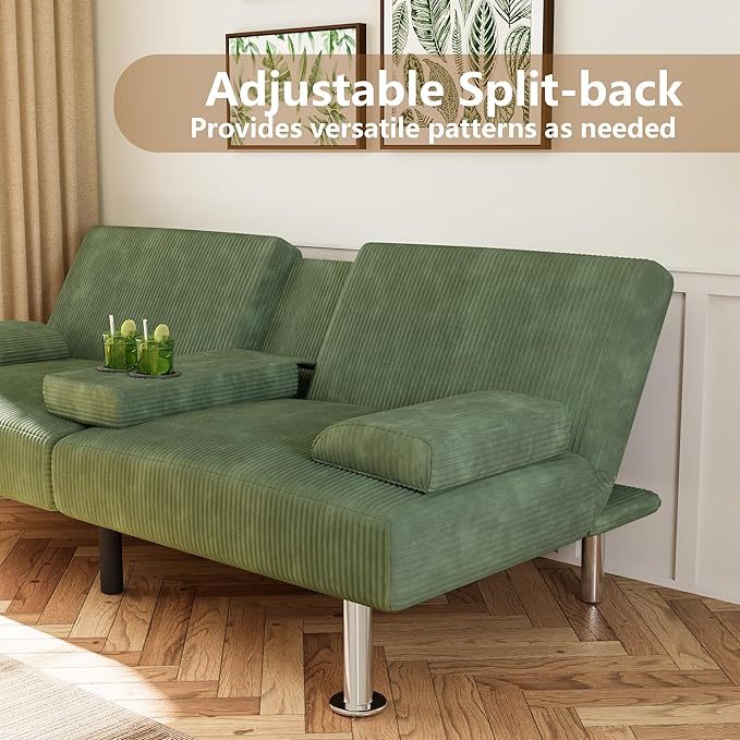 Futón sofá cama, sofá plegable de pana ajustable, sofá cama para apartamentos pequeños, juego de muebles tapizados para sala de estar con 2 soportes para tazas (verde)