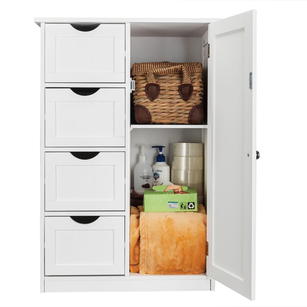 Mueble de baño de madera, organizador de almacenamiento lateral con 4 cajones, 1 armario y 2 estantes, color blanco