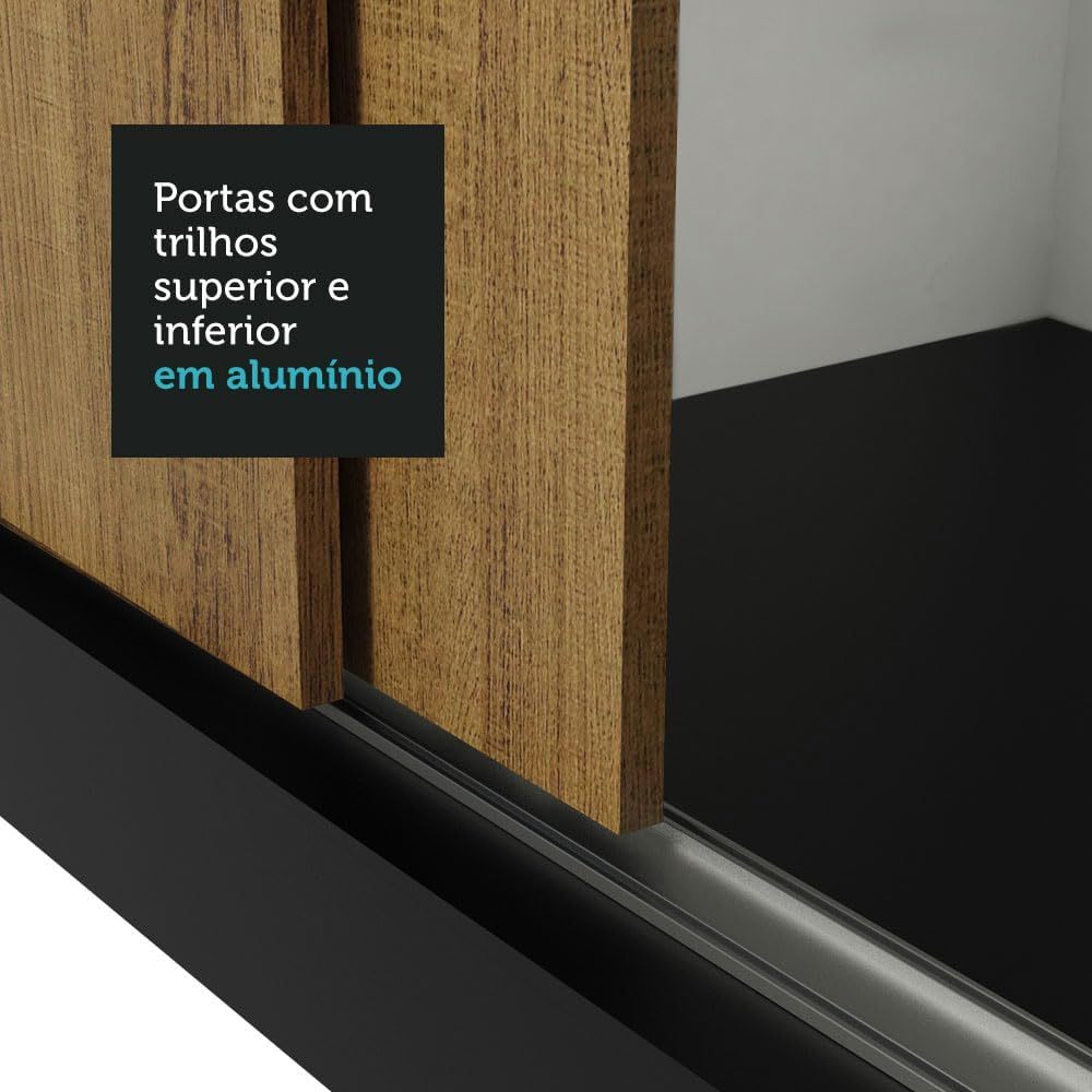 Armario de madera maciza de 3 puertas con 1 espejo - Negro/Marrón