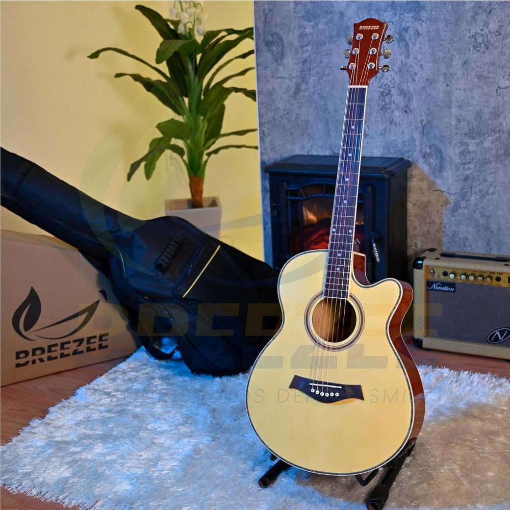 Guitarra Electroacústica de 40” Diseñada sobre Abeto, Merbau, Okume y Palisandro. Acabado de Barniz en Pulverización, Incluye Set de Accesorios Completo para Principiante