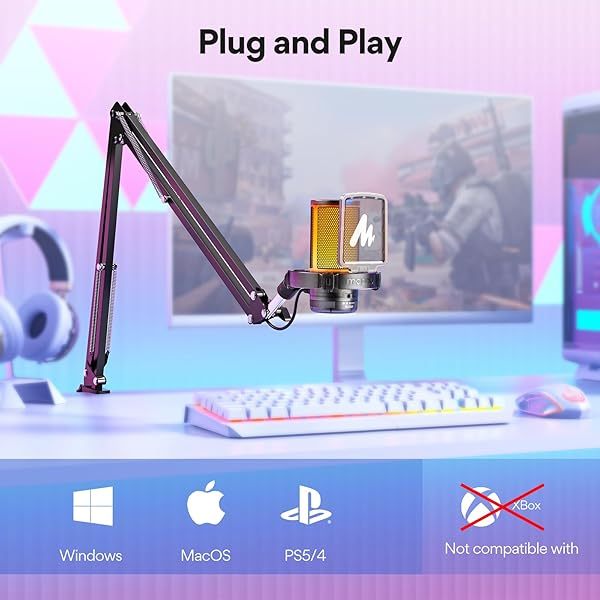 Micrófono USB para juegos, micrófono de condensador con cancelación de ruido, silenciador, ganancia, monitoreo y brazo articulado para transmisión