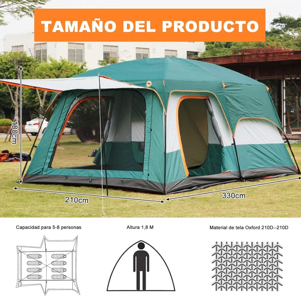 Dopwii Casa de Campaña Portátil,Tienda de Campaña para5~8 Personas,Tienda Familiar de Fácil Instalación,Tienda para Acampar Impermeable con Alfombra de Piso y Toldo de Puerta,Gran Ventilación