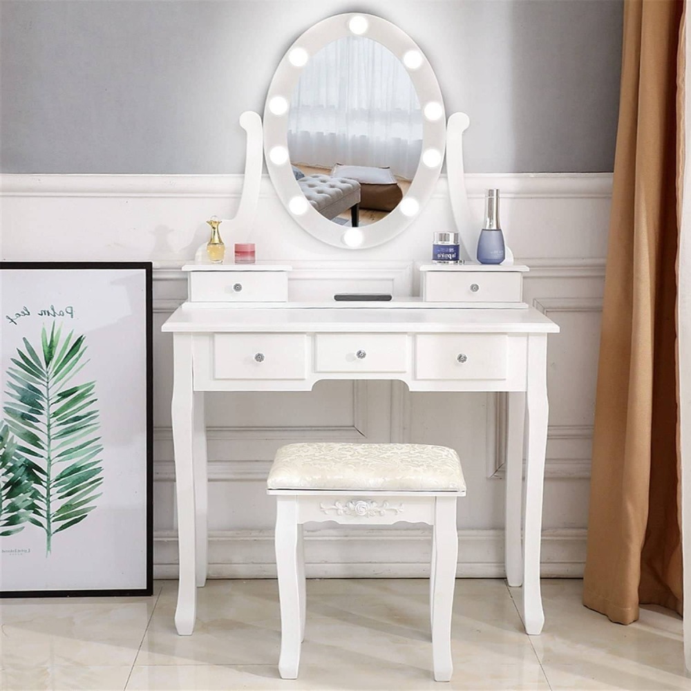 Tocador de Maquillaje con 10 Luces LED - Mesa de Vanity con 5 Cajones + Banco Acolchado - Juego Blanco para Dormitorio