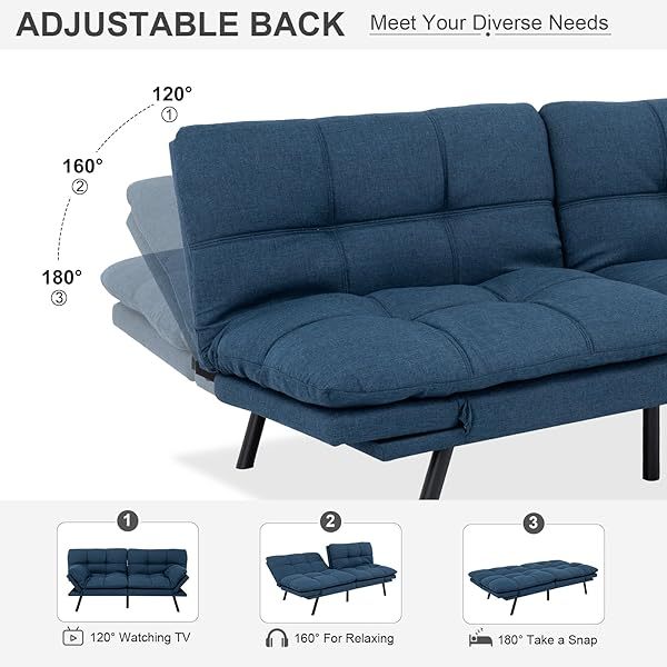 Sofá cama futón de espuma viscoelástica ajustable, sofá con respaldo convertible y reposabrazos, futón plegable, moderno futón cama para sala de estar, apartamento, oficina, habitación pequeña, sofá cama de 71 pulgadas, color negro