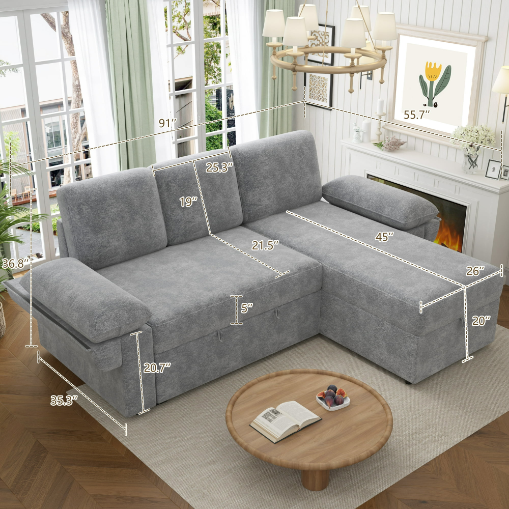 Sofá cama, sofá cama con diván con espacio de almacenamiento, sofá cama para sala de estar