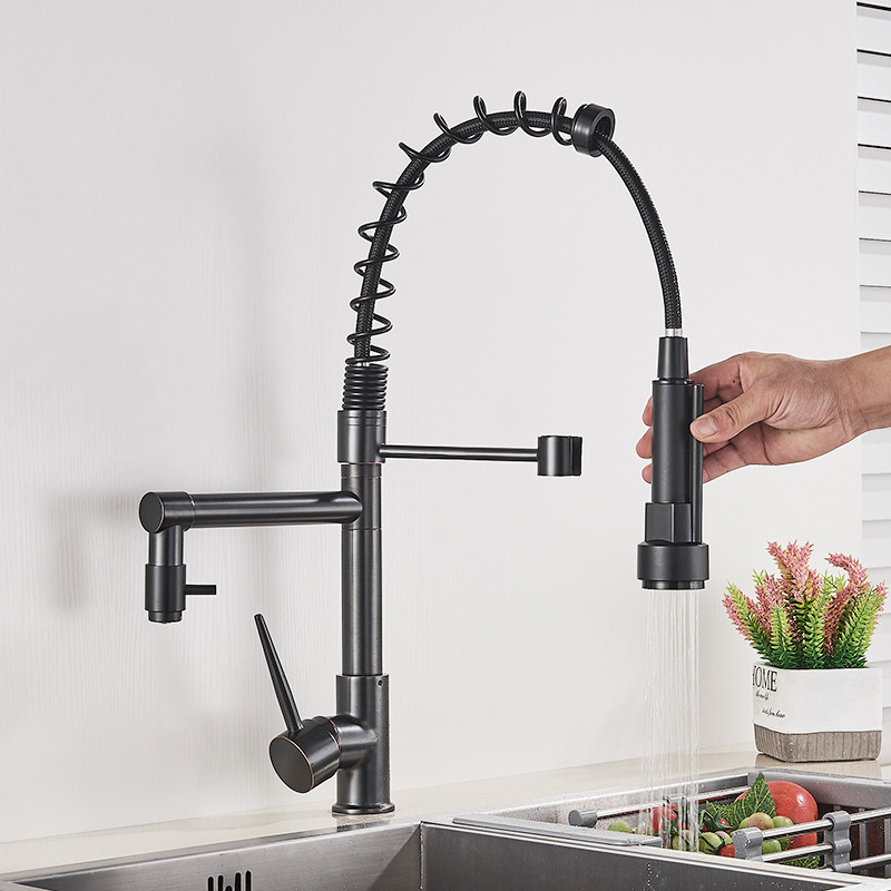 Grifo de cocina desplegable con resorte dorado y negro y rosa, mezclador de agua fría y caliente, grifo tipo grúa