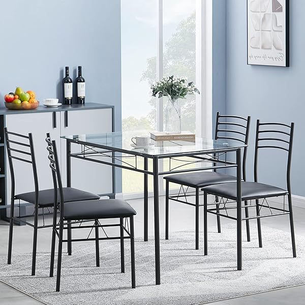 Mesa de comedor con 4 sillas [4 manteles individuales incluidos, negro, 43,3 x 27,5 x 30, 15,7 x 16,9 x 33,8] Juego de mesa de comedor negro para 4