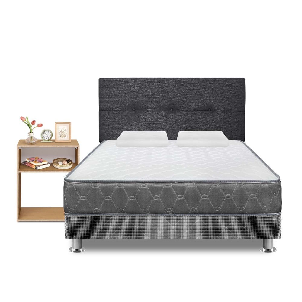 Dormitorio Acqua 2 Plazas + Velador Turin Beige + Respaldo Gris