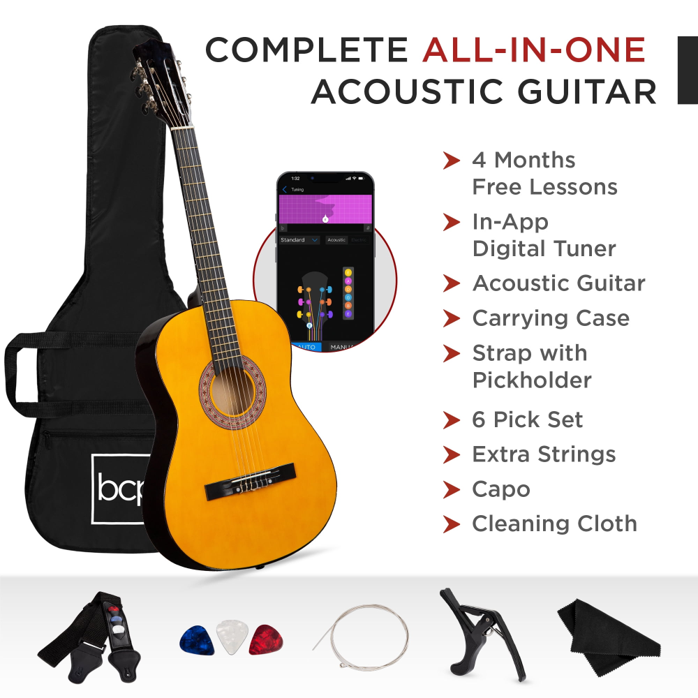 Kit de inicio para guitarra acústica de 38 pulgadas para principiantes con funda, correa y cuerdas adicionales, color natural