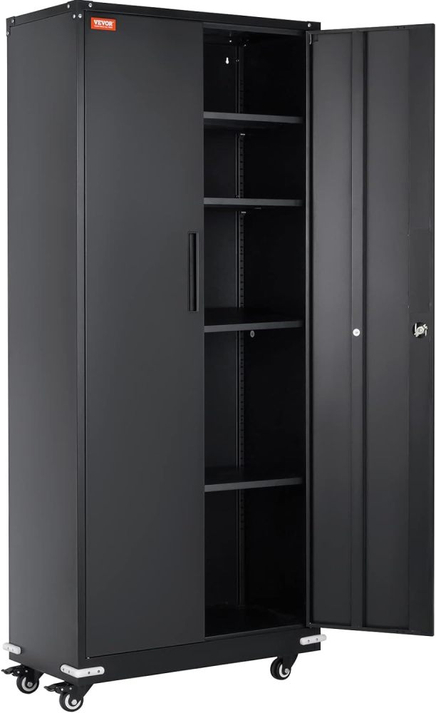 Metal Storage Cabinet with Wheels, 75'' Locking Steel Storage Cabinet with 2 Magnetic Doors and 4 Adjustable Shelves for Office, Garage, Home