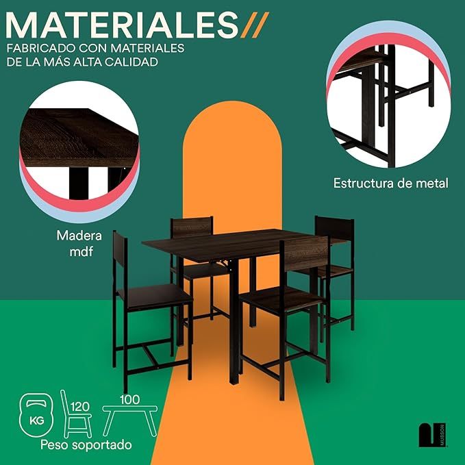 Comedor 2 en 1 con 4 Sillas. Comedor Colapsable Ponce con Superficie de 120x78 cm. Mesa Plegable para 2 o 4 Personas. Mesa para Cocina, Hogar o Terraza. Antecomedor. Dining Table (Café)