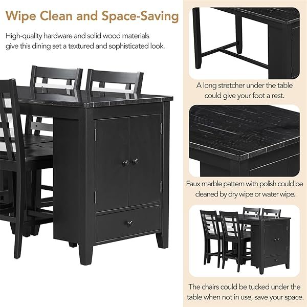 Juego de mesa de comedor de altura de mostrador con 4 sillas, mesa de cocina de madera maciza con gabinete de almacenamiento y cajón, tablero de mesa de mármol sintético, color negro