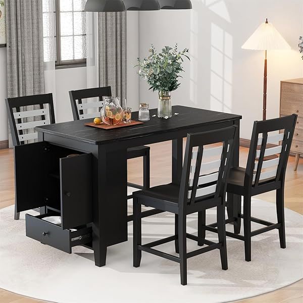 Juego de mesa de comedor de altura de mostrador con 4 sillas, mesa de cocina de madera maciza con gabinete de almacenamiento y cajón, tablero de mesa de mármol sintético, color negro