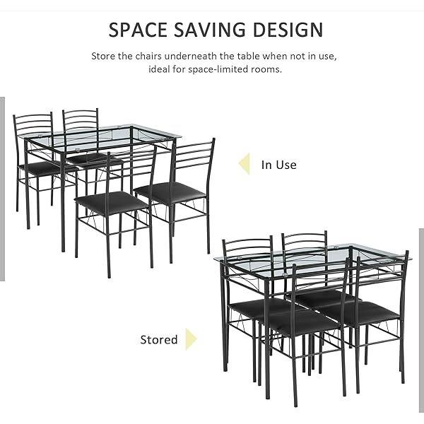 juego de mesa de comedor con mesa de vidrio para 4, Negro